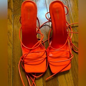 Orange Wide Fit Tube Strappy Laces Up High Heels - Sz 10 US/ 8UK
